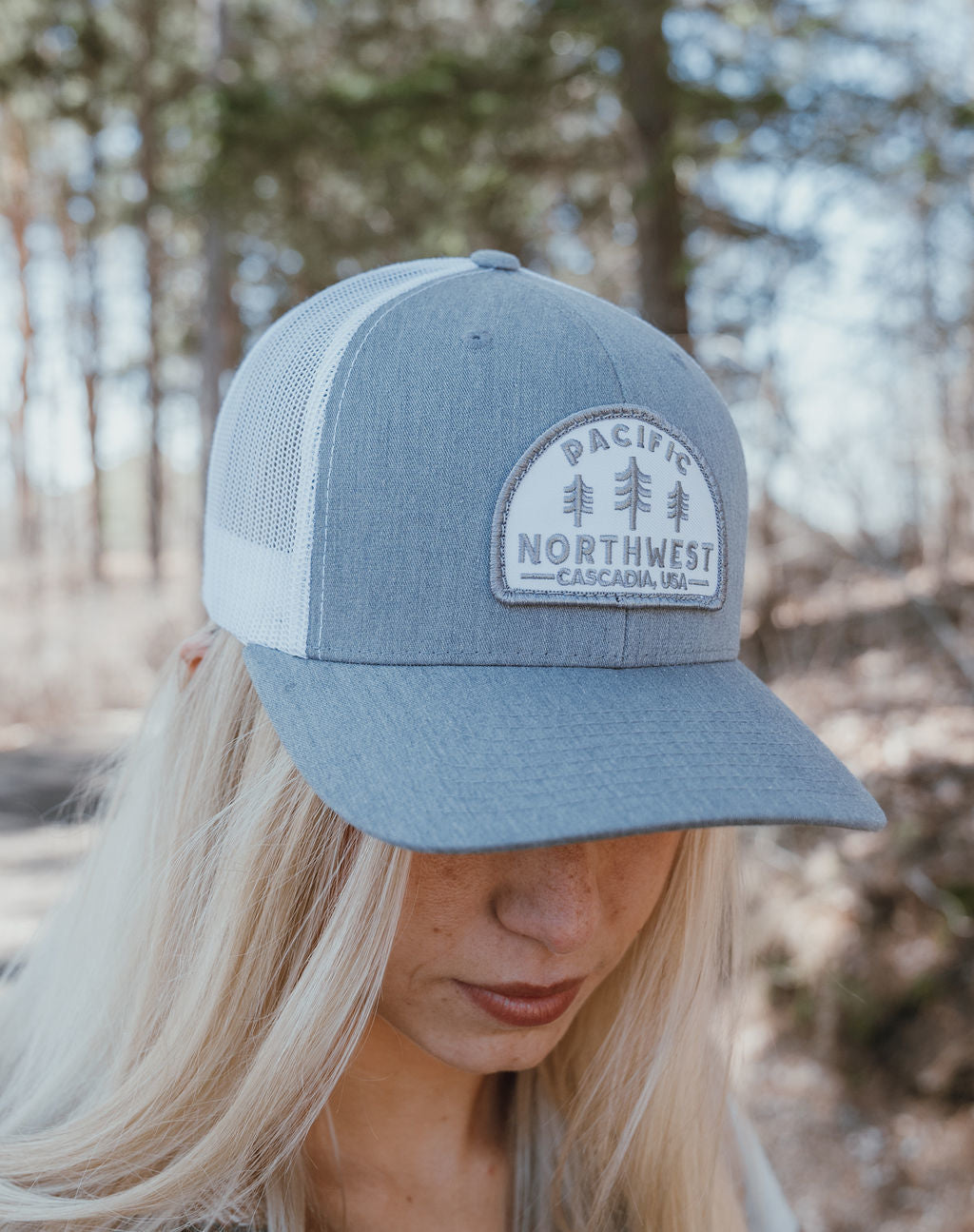 Grey and white trucker hat store